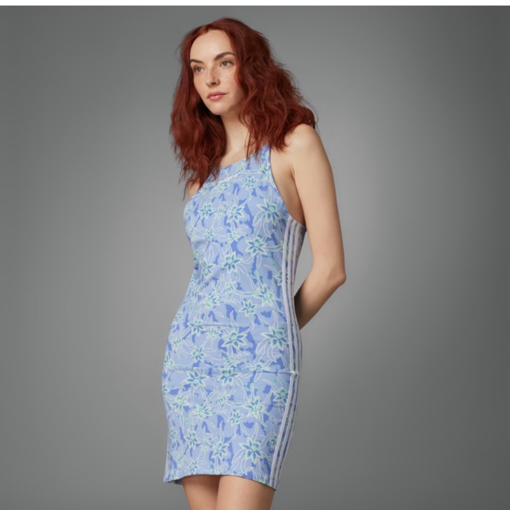 Adidas Island Club Tight Bodycon Dress Stripes Blue Floral Size Small